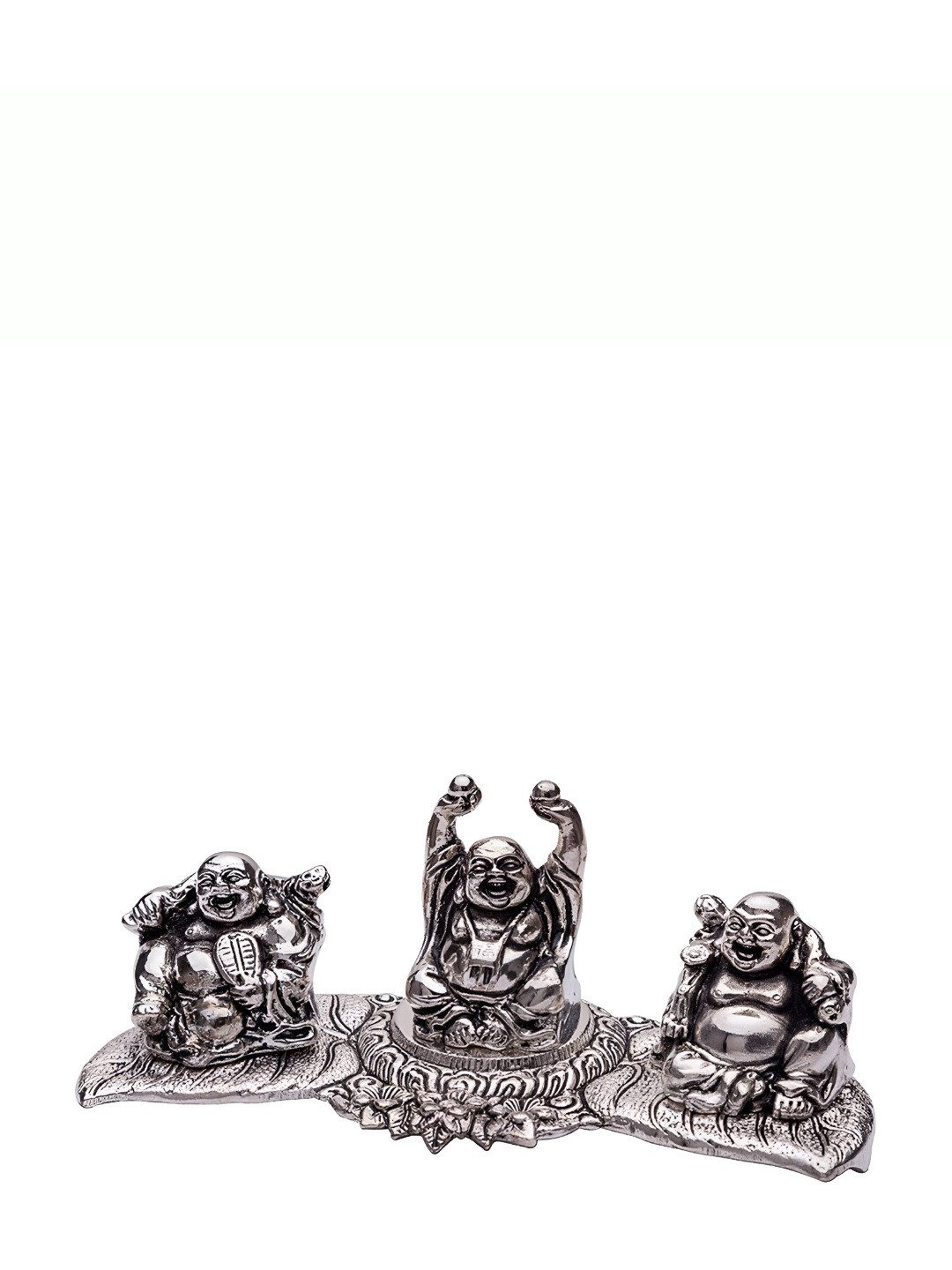 INTERNATIONAL GIFT Silver Laughing Buddha Idol With Beautiful Red Velvet