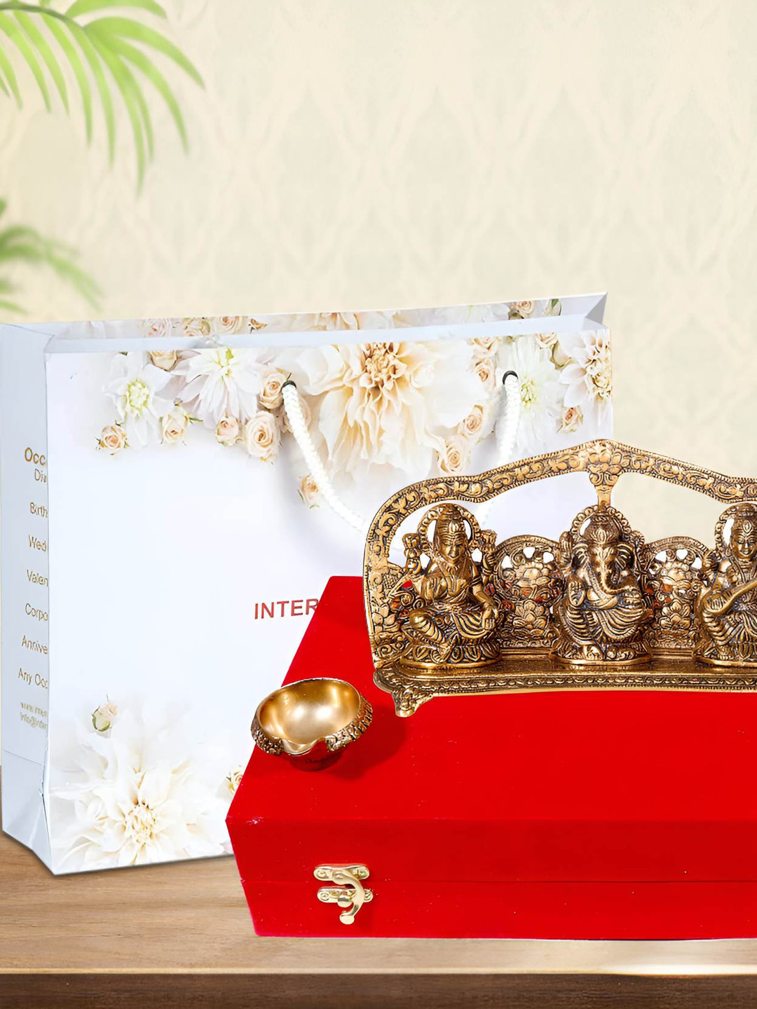 INTERNATIONAL GIFT Gold Toned Laxmi Ganesh Sarswati God Idol With Diya Home Gifts Set