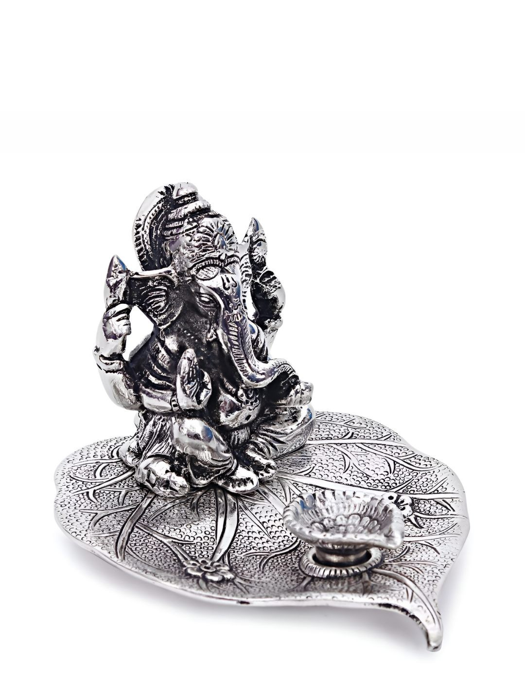 INTERNATIONAL GIFT Leaf Ganesh Silver Brass Metallic Prayer Room Tiny Showpiece - 4.7 Inches