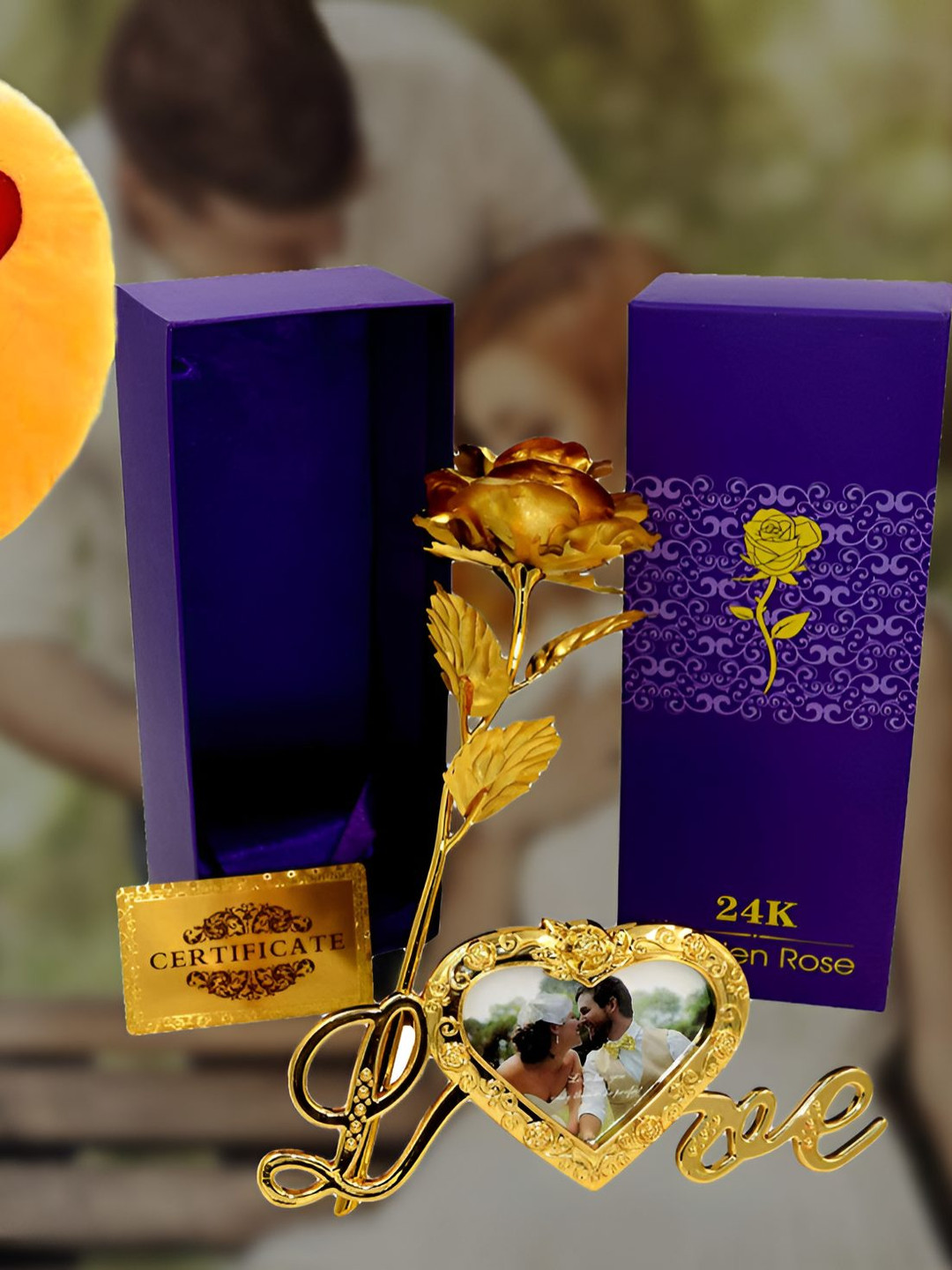 INTERNATIONAL GIFT Gold Toned Plastic Rose Flower With Photo Frame Stand And Carry Bag