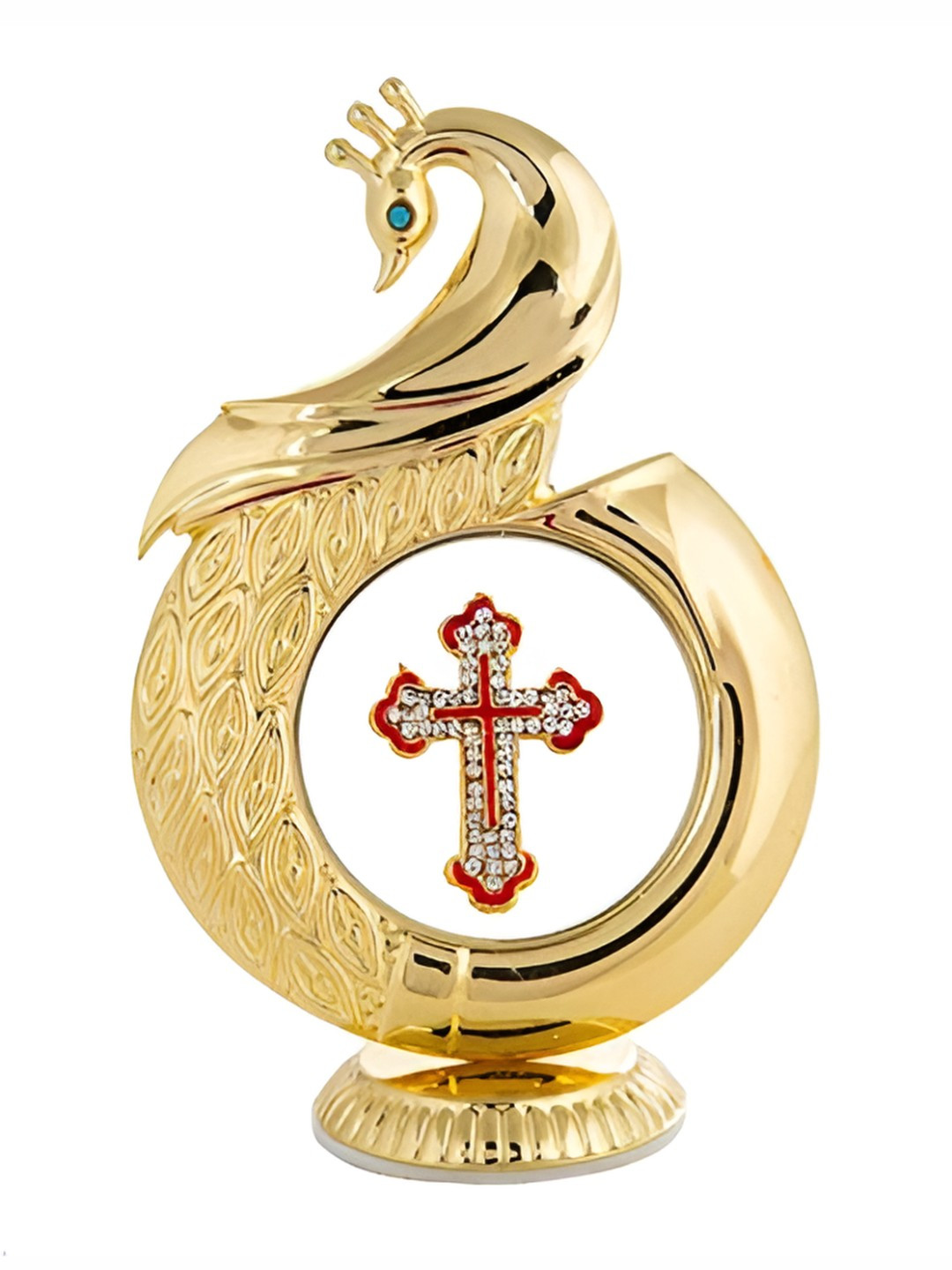 INTERNATIONAL GIFT Peacock Shape Jesus Gold Metal Metallic Prayer Room Small Showpiece - 4.7 Inches