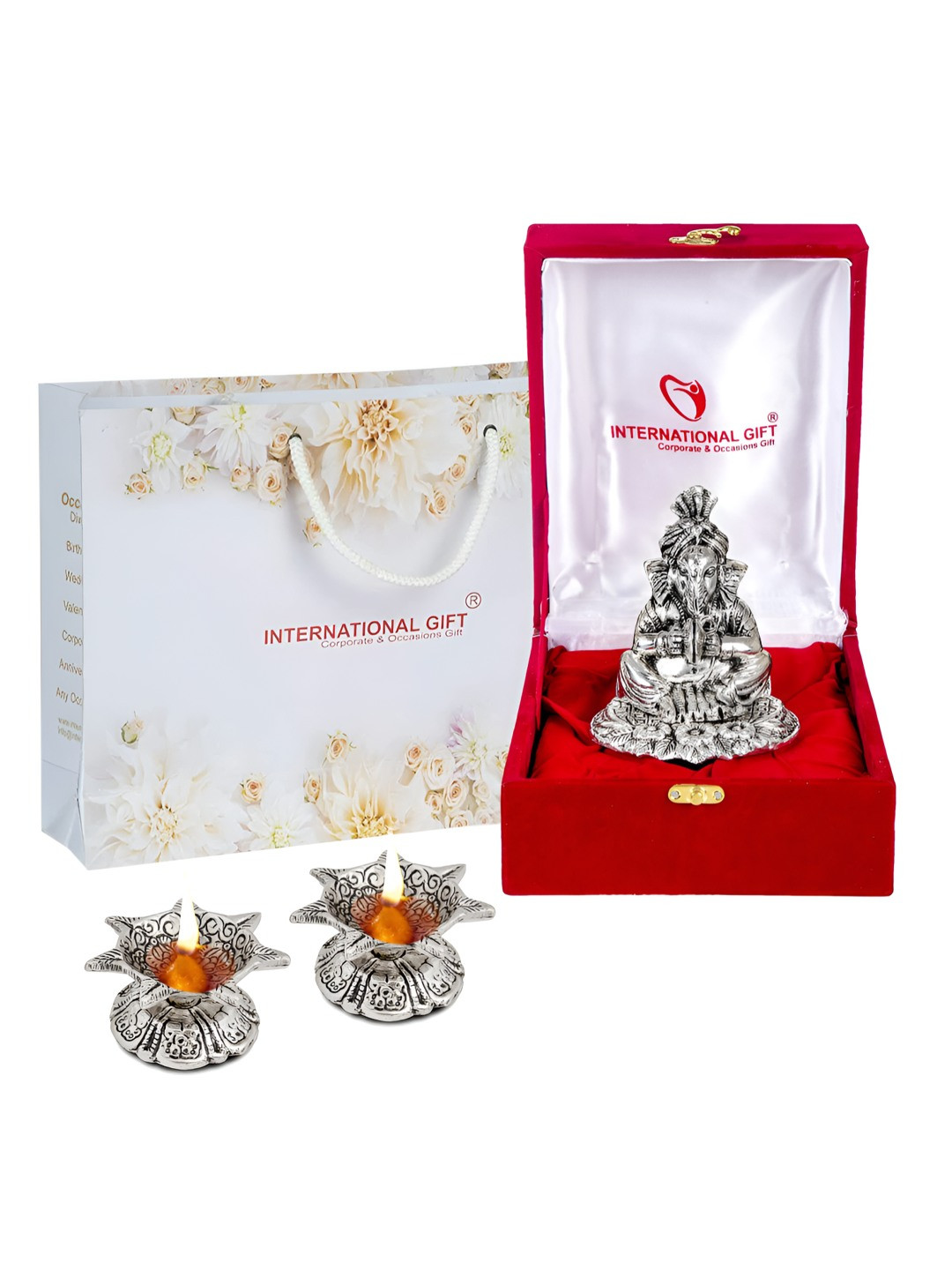 INTERNATIONAL GIFT Silver Toned Ganesh Idol With Sitar With Diya Set With Beautiful Box