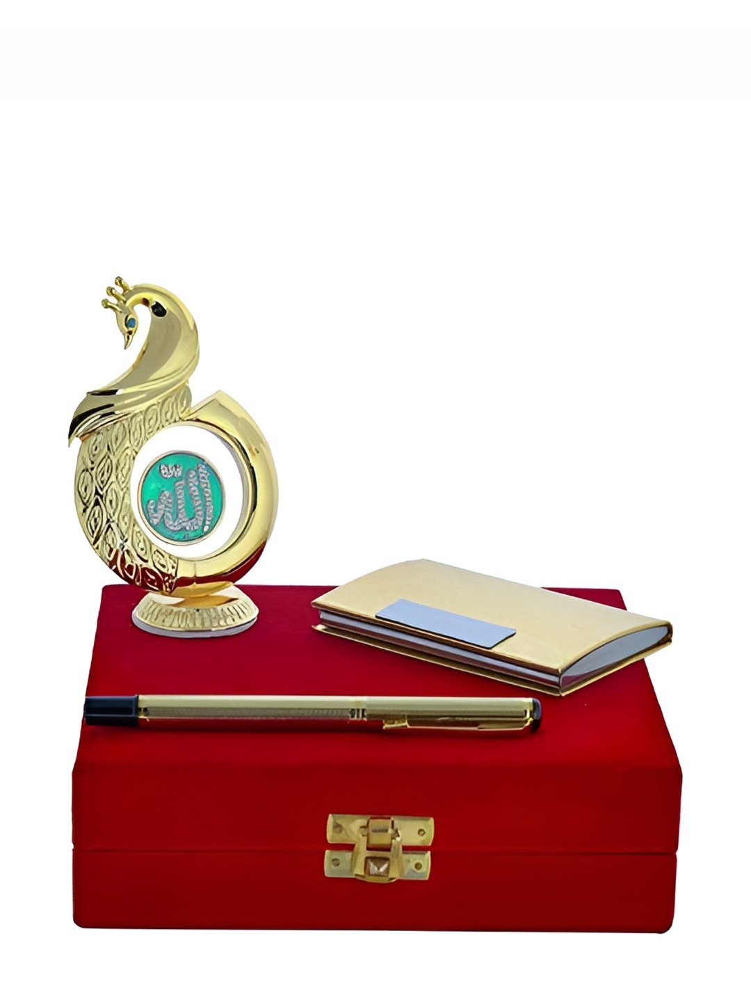 INTERNATIONAL GIFT Gold Toned 3 Pcs Pen With Card Holder & Allah Idol Showpiece Gift Set
