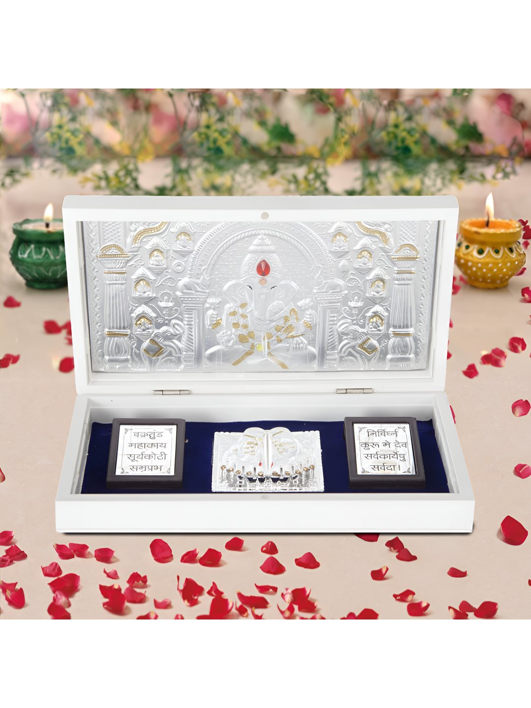 INTERNATIONAL GIFT 2 Pcs Silver Toned Ganesh God Idol With Charan Paduka