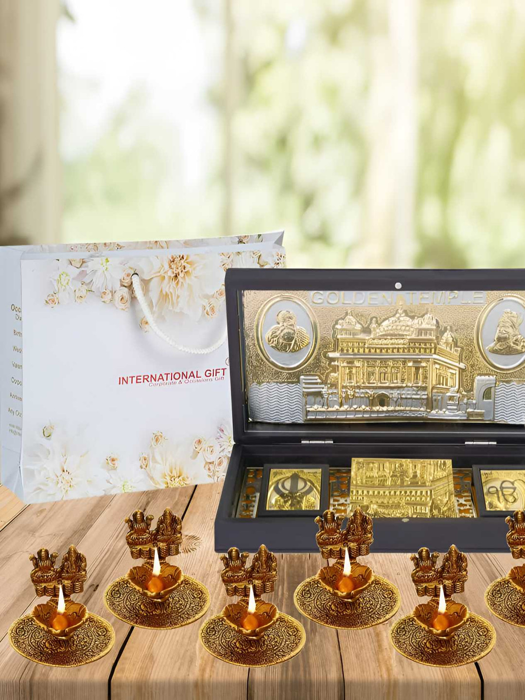 INTERNATIONAL GIFT 24 KT Gold-Plated Temple God Idol With Charan Paduka & Diya Gift Set