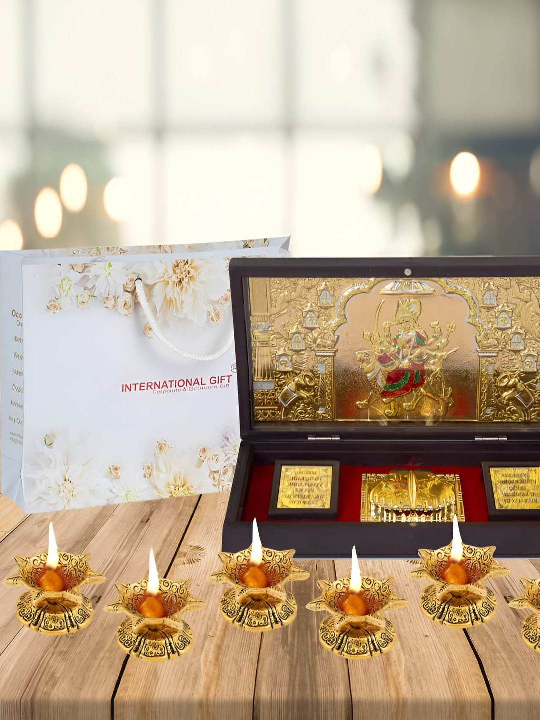 INTERNATIONAL GIFT Brown Durga Maa With Charan Paduka & Diya Set