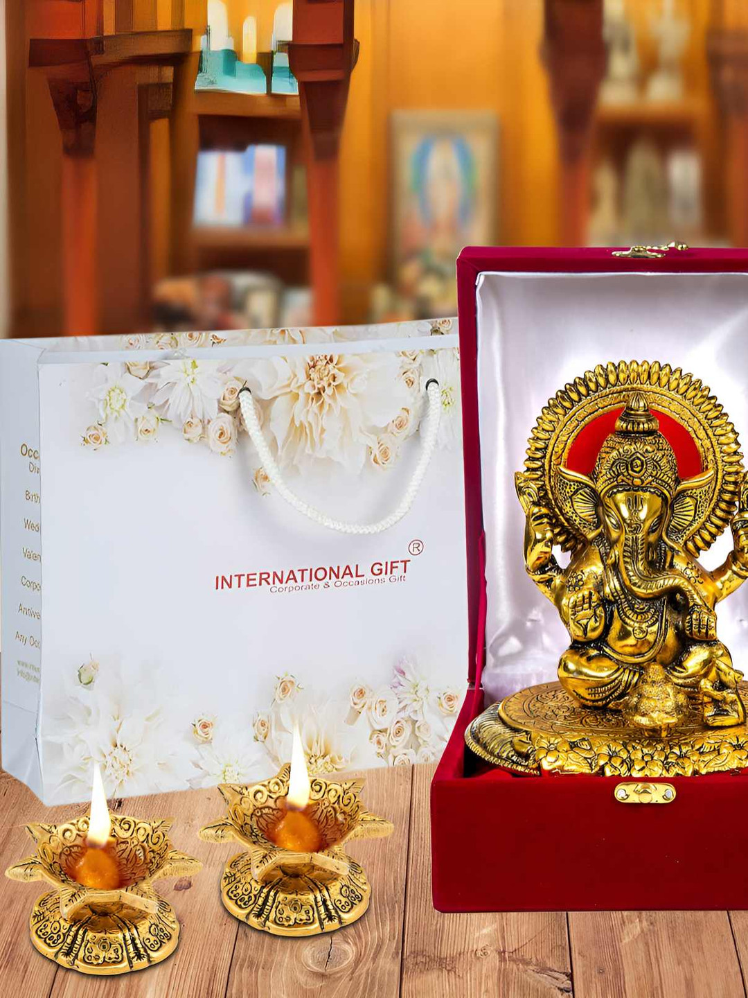 INTERNATIONAL GIFT Gold Ganesh Idol With Beautiful Gift Box Packing