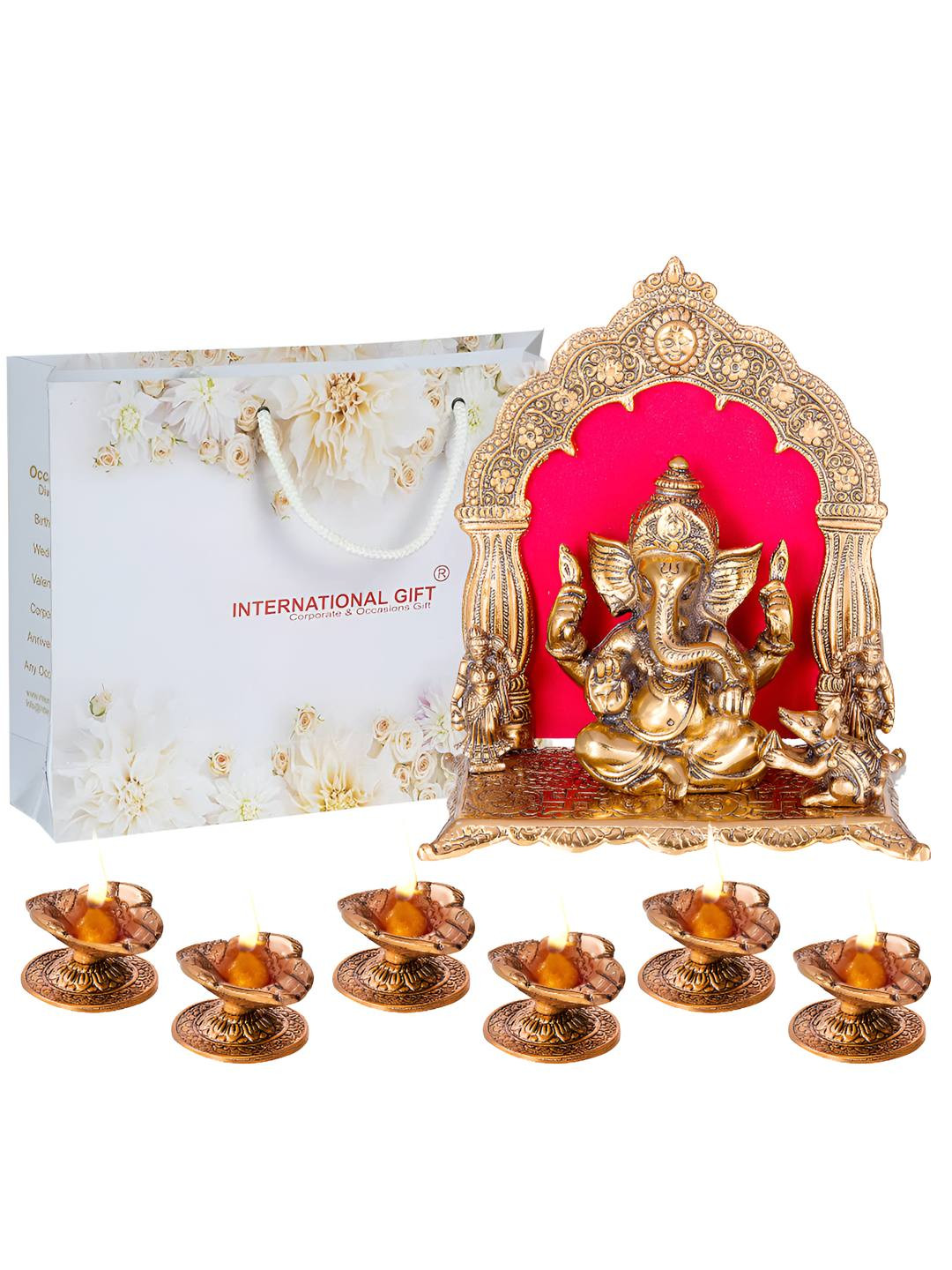 INTERNATIONAL GIFT Brown Brass Ganesh God Idol & 6 Pieces Diyas Home Gift Set
