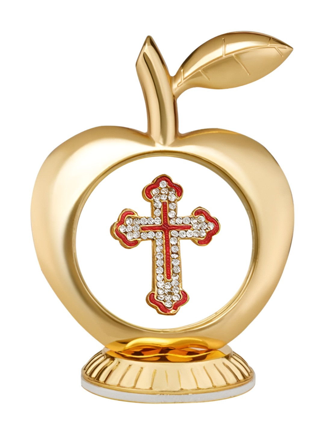 INTERNATIONAL GIFT Apple Shaped Jesus Cross Car Desk Board Gold Brass Metallic Living Room Tiny Showpiece - 3.3 Inches