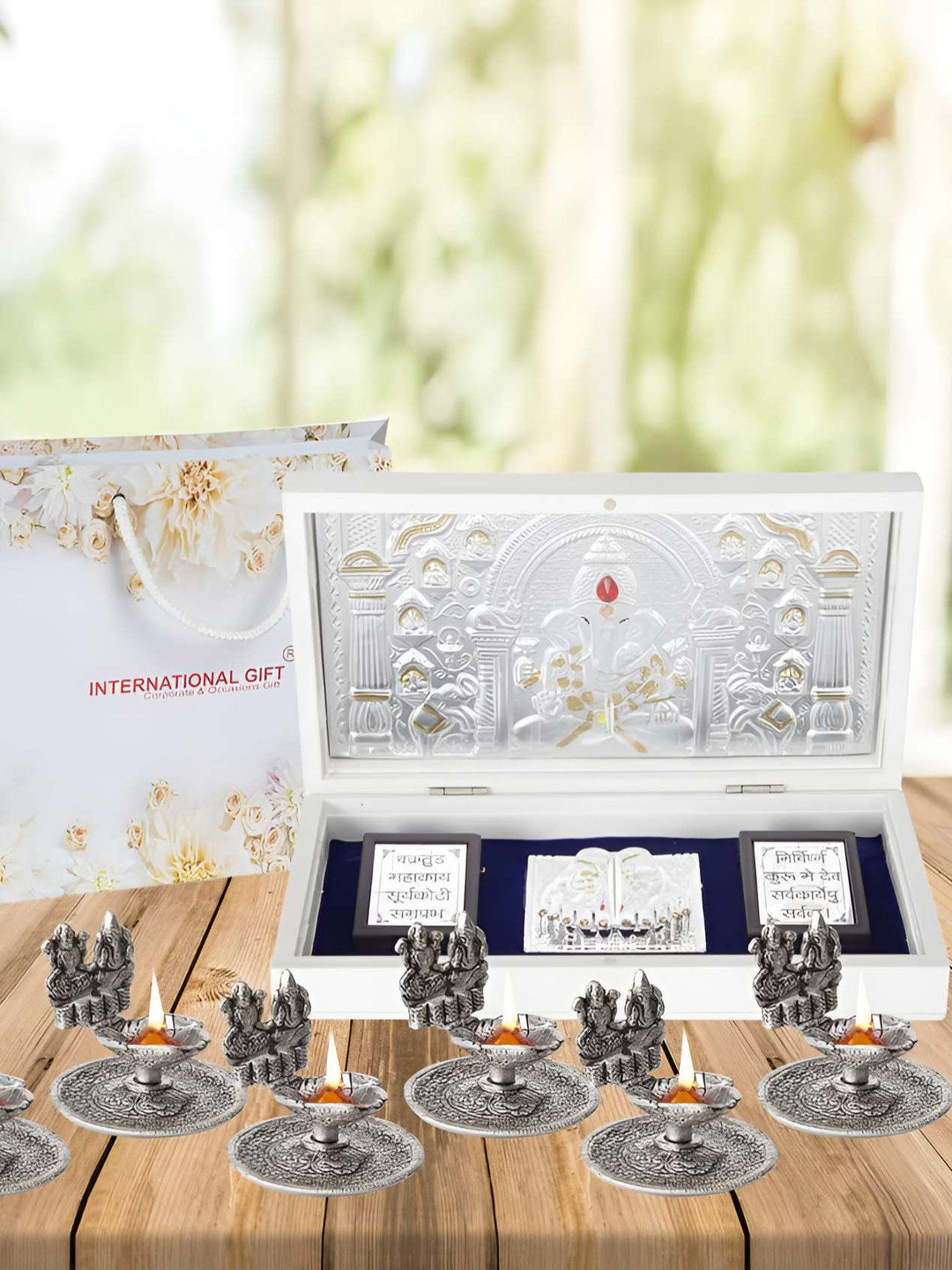 INTERNATIONAL GIFT Silver Ganesh Idol & 6 Pieces Diyas Home Gift Set