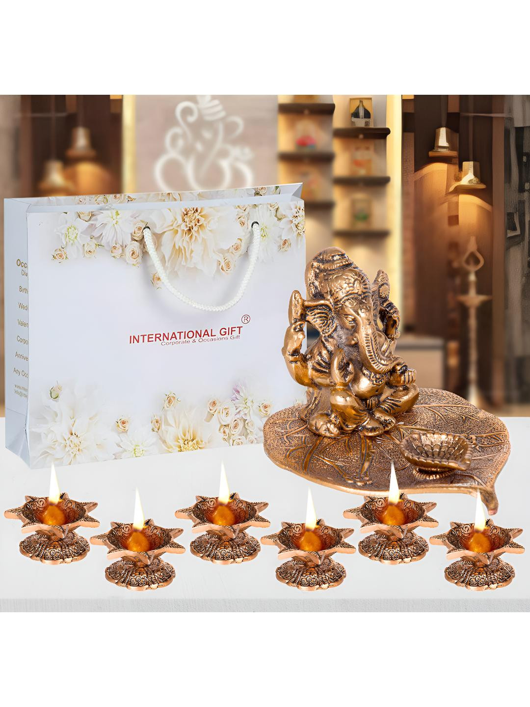 INTERNATIONAL GIFT Brown Textured Leaf Ganesh God Idol Statue With Jyot Gift Set