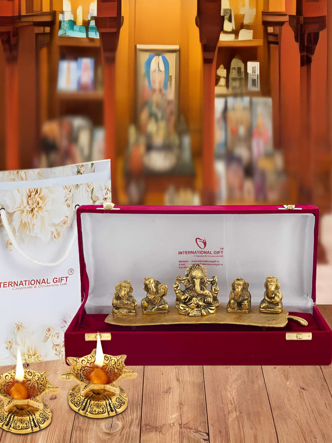 INTERNATIONAL GIFT Gold Toned Musical Ganesh God Idol Statue With Jyoti With Box