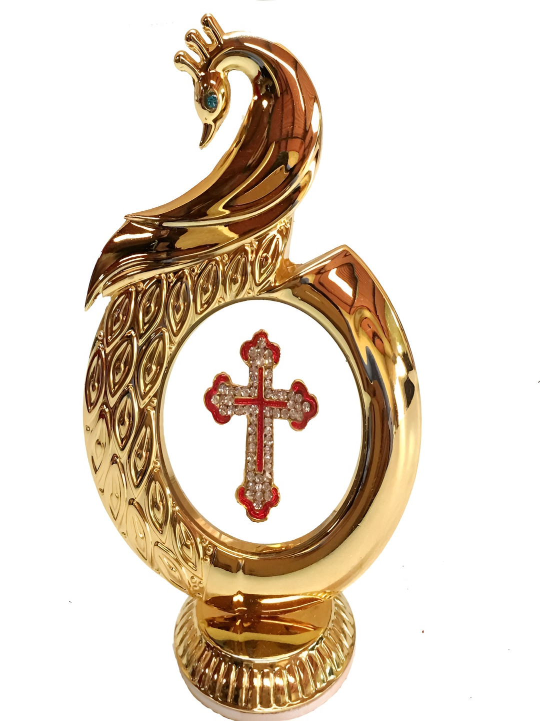INTERNATIONAL GIFT Peacock Shape Jesus Chris Gold Brass Metallic Living Room Small Showpiece - 4.7 Inches