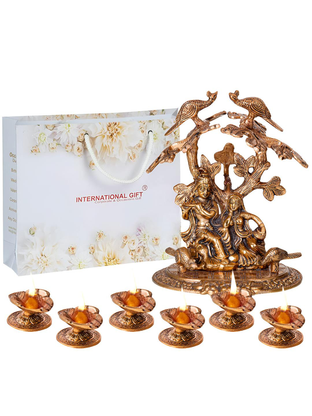 INTERNATIONAL GIFT Brown Textured Radha Krishna Tree God Statue With Diya