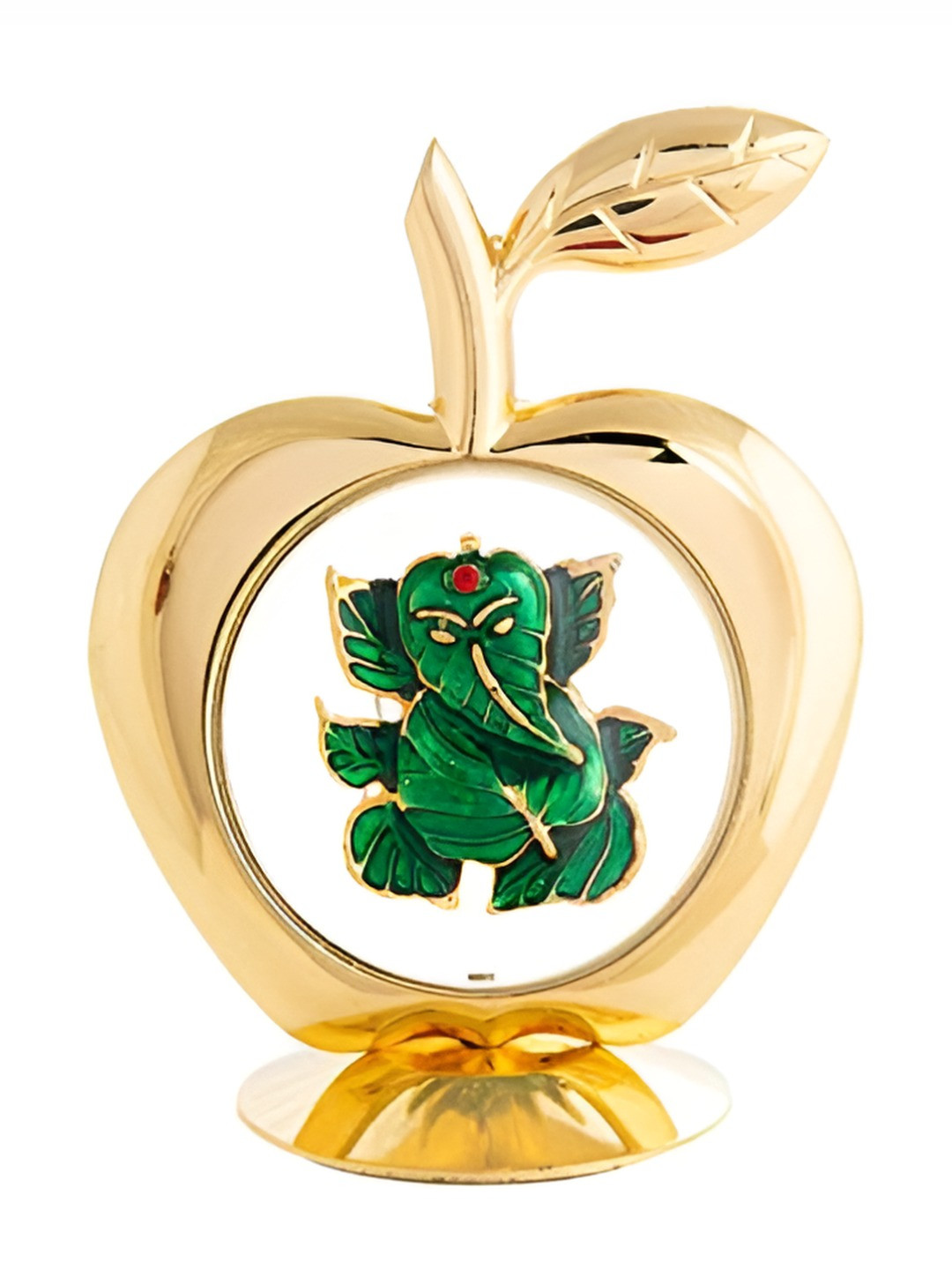 INTERNATIONAL GIFT Apple Shape Leaf Green Ganesha Gold Brass Metallic Prayer Room Small Showpiece - 4.7 Inches