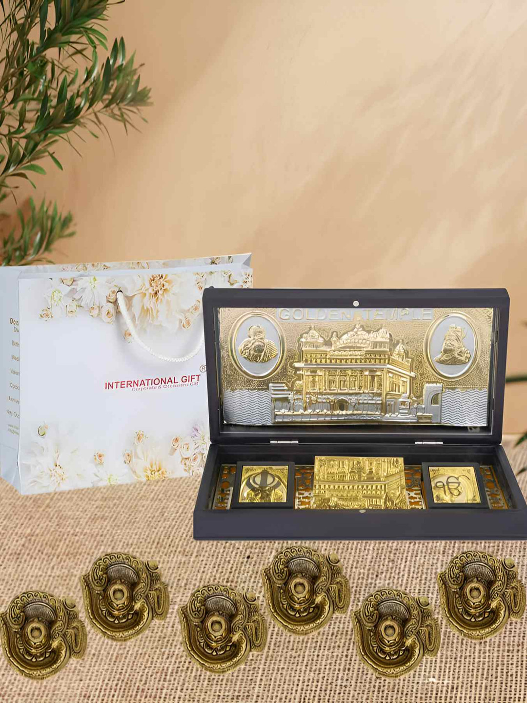 INTERNATIONAL GIFT Golden Temple God Idol with Charan Paduka with 6 Piece Hand Diya