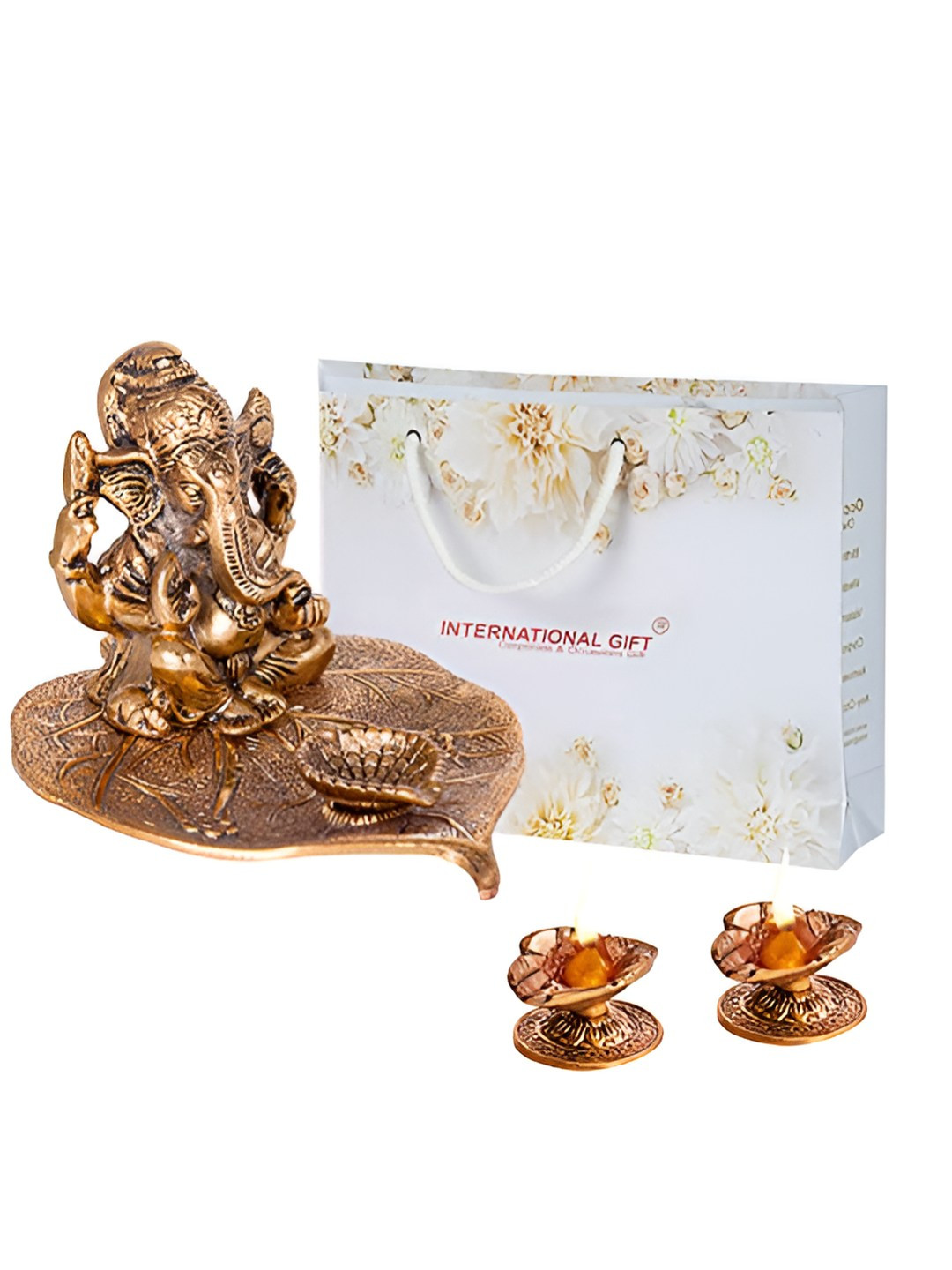 INTERNATIONAL GIFT Brown Leaf Ganesha Idol With Diya Gift Set