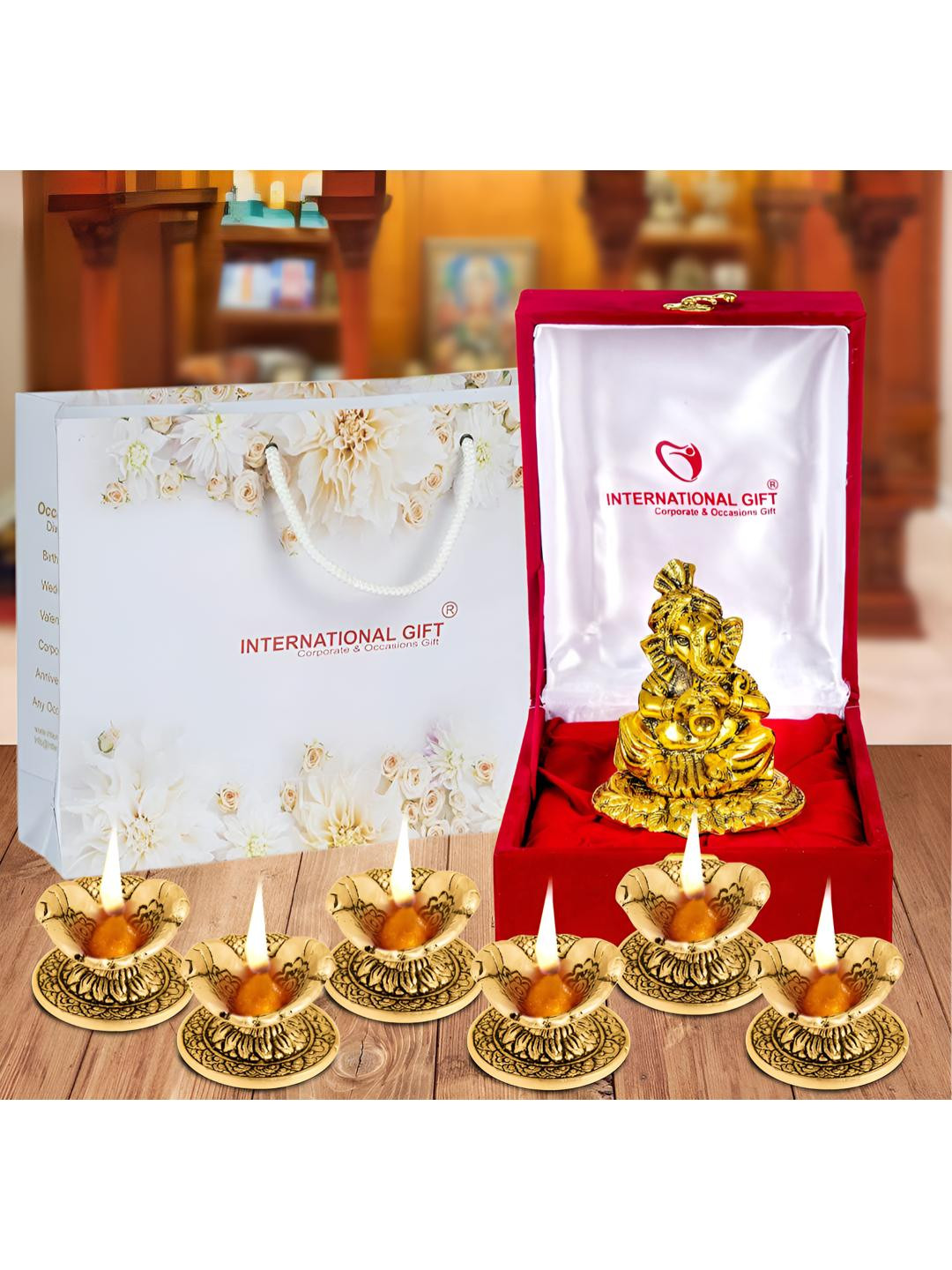 INTERNATIONAL GIFT Gold Tone Ganesh Idol With Shehanais With Beautiful Gift Box