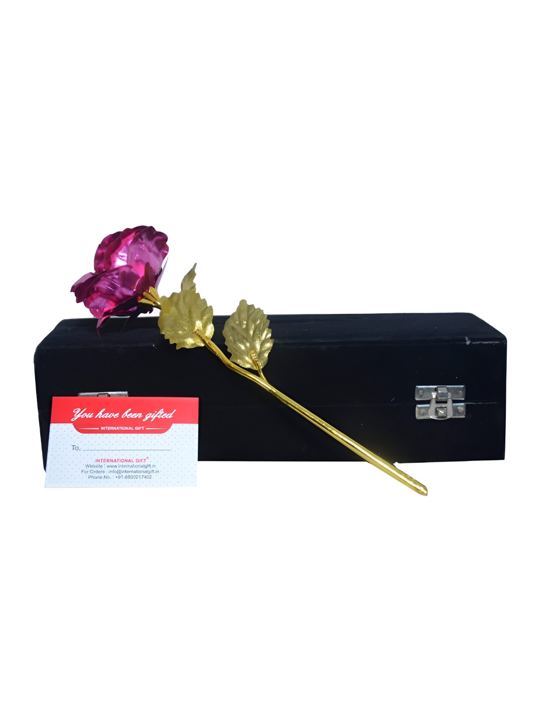 INTERNATIONAL GIFT Gold-Plated Pink Rose Flower With Leaf And Box Home Gift Set