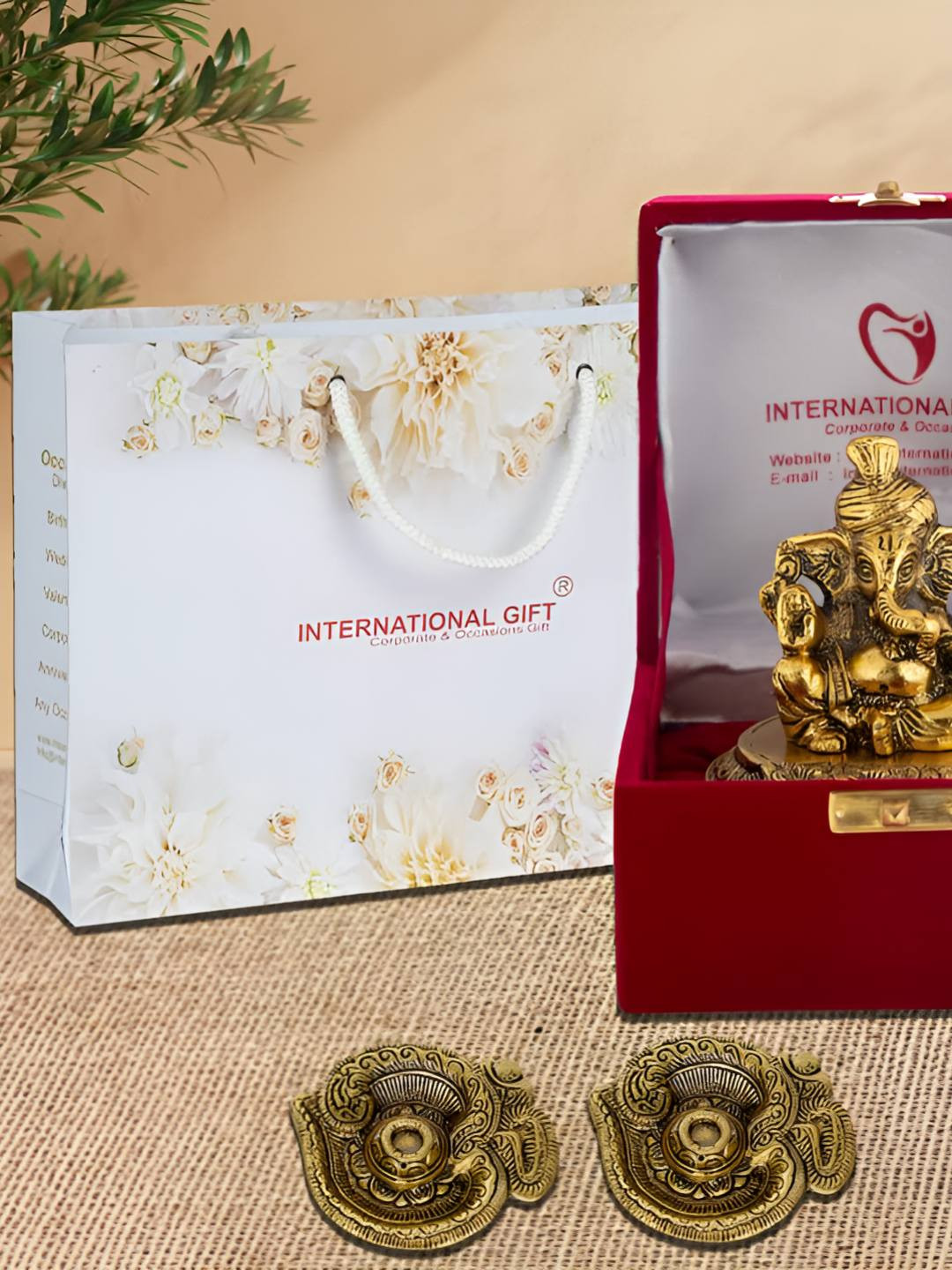 INTERNATIONAL GIFT Gold-Plated Ganesh Idol With Om Diya Home Gift Set