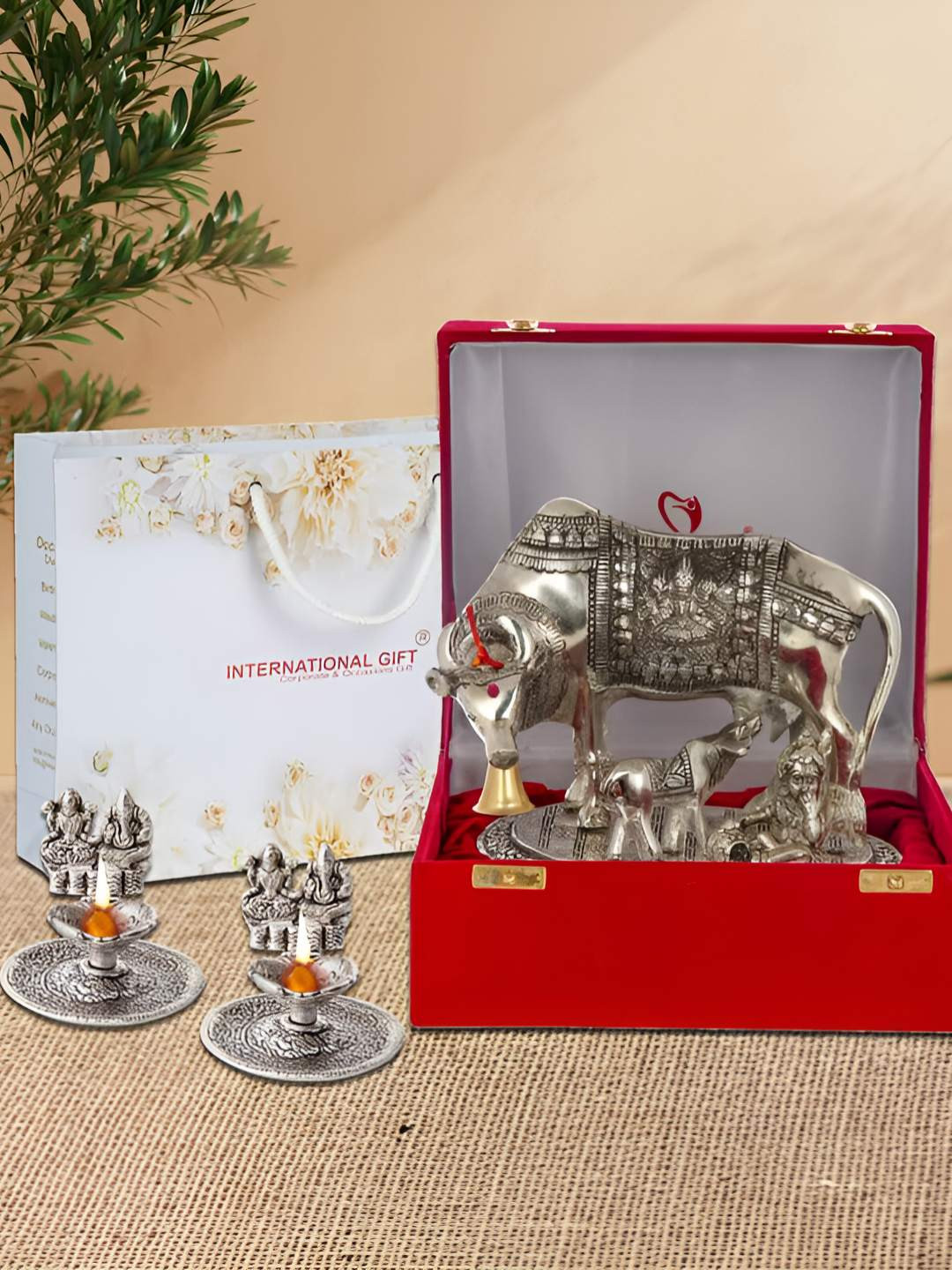 INTERNATIONAL GIFT Kamdhenu Cow With Calf Idol With Laxmi Ganesh Diya