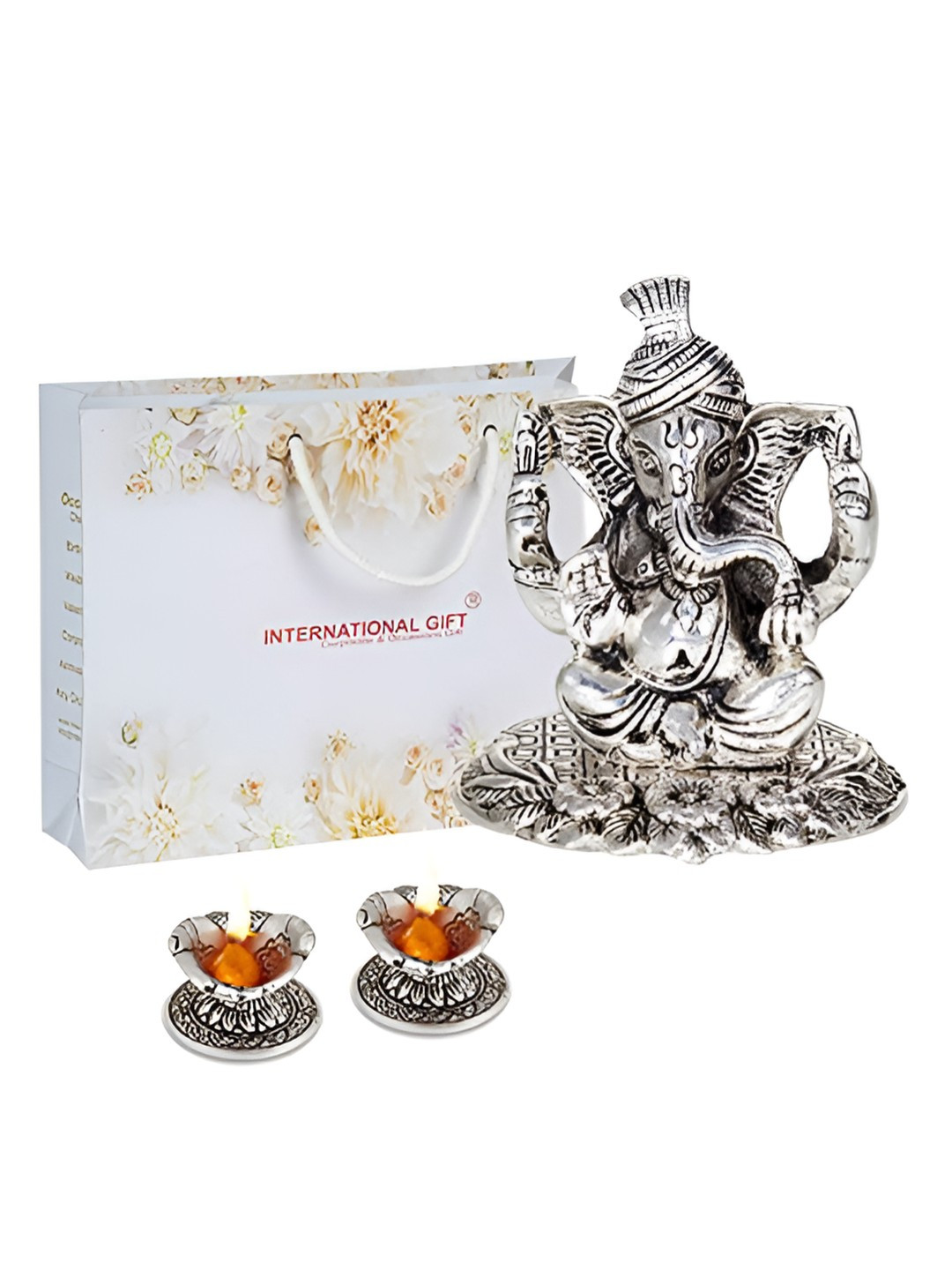 INTERNATIONAL GIFT Silver Pagdi Ganesh God Idol Statue With Hand Diya