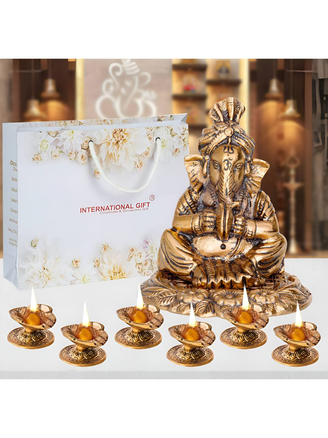 INTERNATIONAL GIFT 7 Pcs Brown Ganesh Statue & Diyas Gift Set