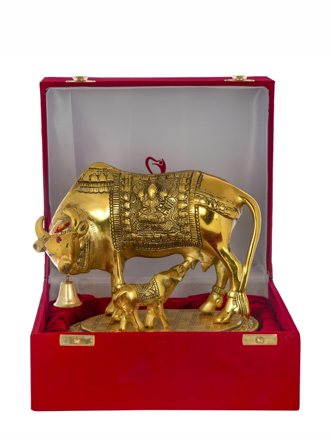 INTERNATIONAL GIFT Kamdhenu Cow with Calf Gold Aluminium Metallic Living Room Small Showpiece - 7.1 Inches