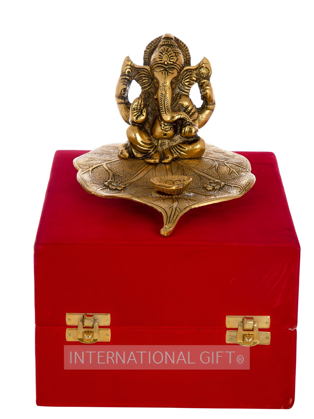 INTERNATIONAL GIFT Leaf Ganesh God Gold Aluminium Metallic Prayer Room Small Showpiece - 4.7 Inches