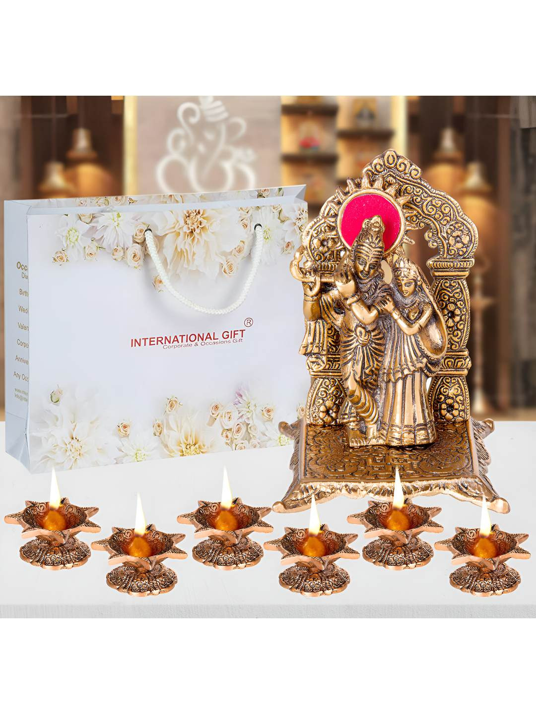 INTERNATIONAL GIFT Brown 7 Pieces Textured Radha Krishna Statue With Diyas