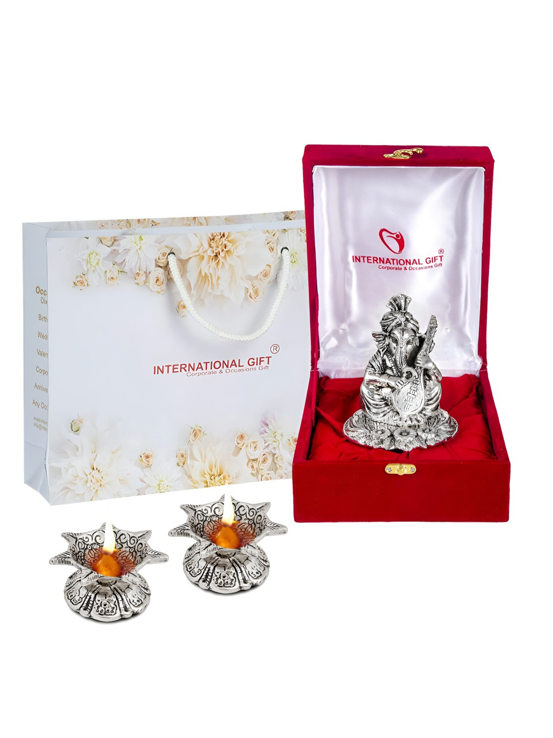 INTERNATIONAL GIFT Silver Ganesh Idol With Sitar & 2 Pieces Diyas Home Gift Set