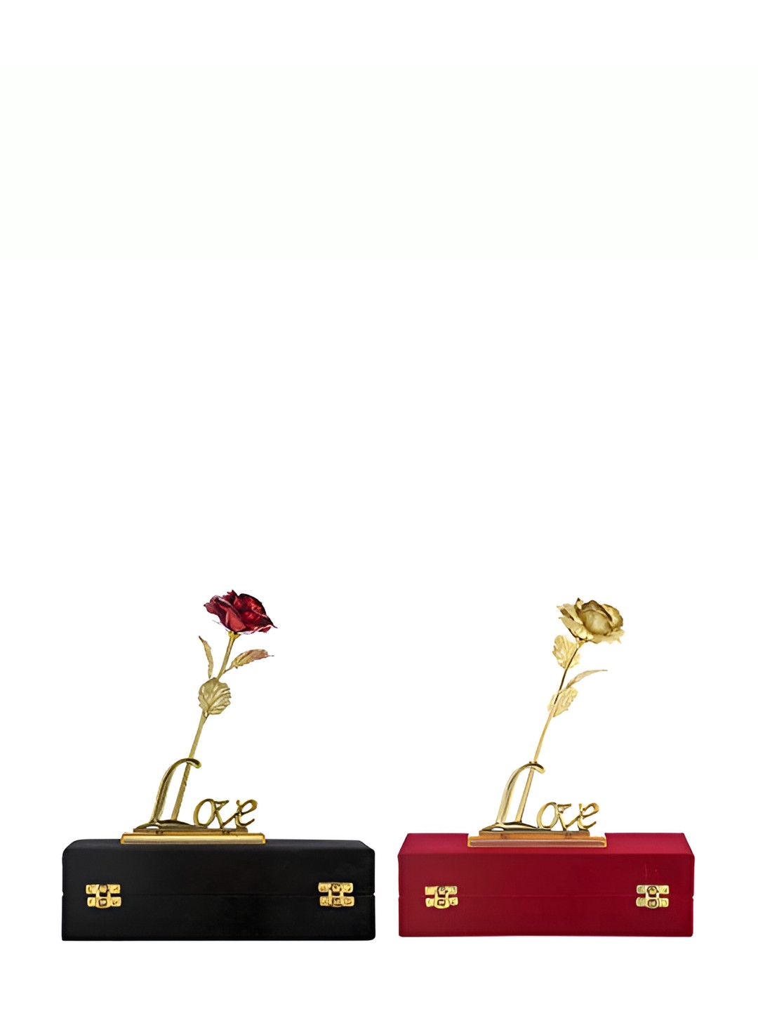 INTERNATIONAL GIFT Gold Toned Red 2 Pieces Rose And Rose Flower With Love Stand