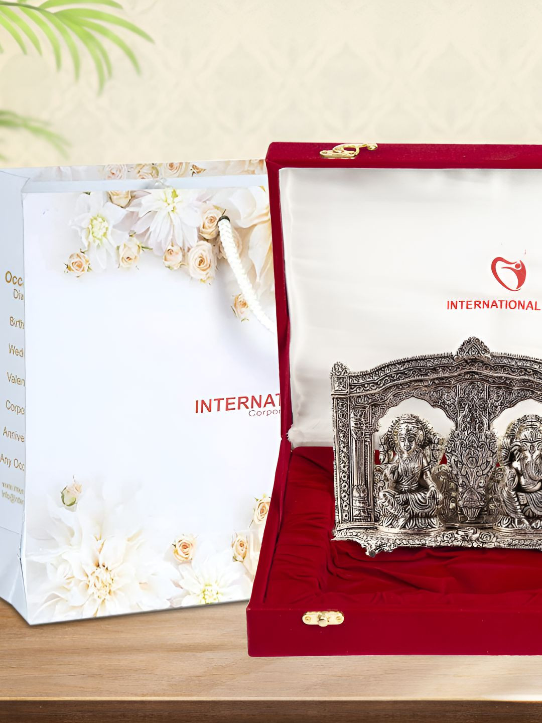 INTERNATIONAL GIFT Silver Toned Textured Laxmi Ganesh God Idol Statue With Diya