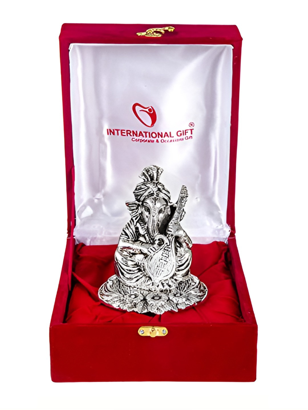 INTERNATIONAL GIFT Sitar Ganesh Silver Aluminium Metallic Prayer Room Small Showpiece - 4.7 Inches