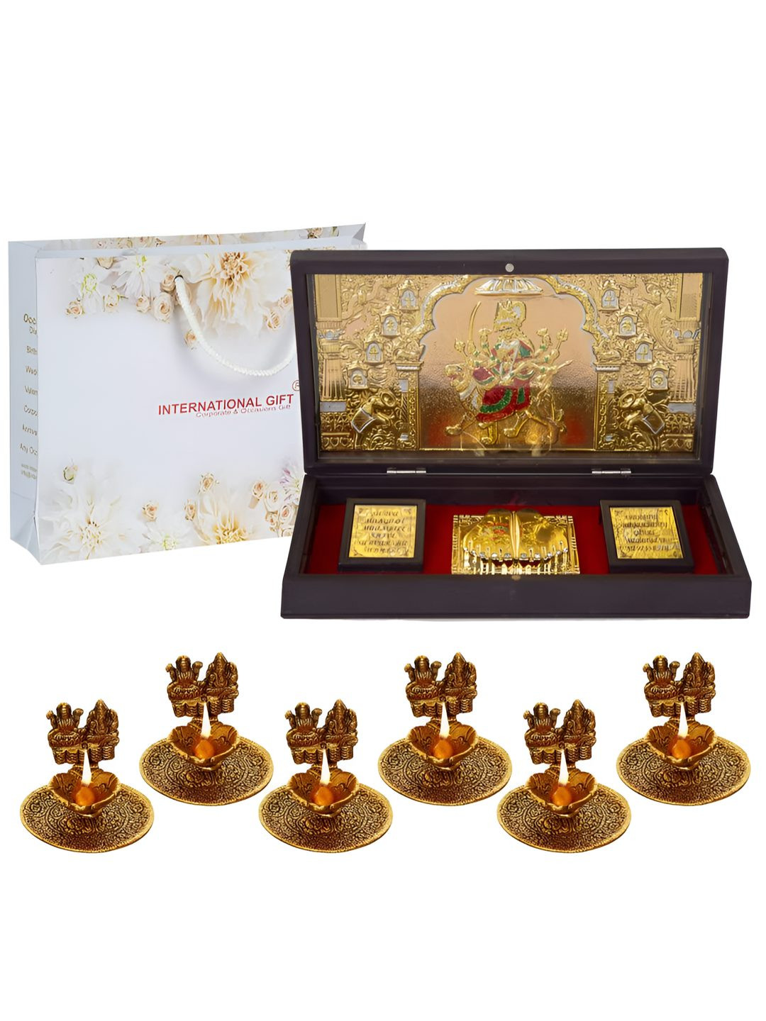 INTERNATIONAL GIFT 7 Pcs Gold-Plated Durga Maa Idol With Charan Paduka & Diyas Gift Set