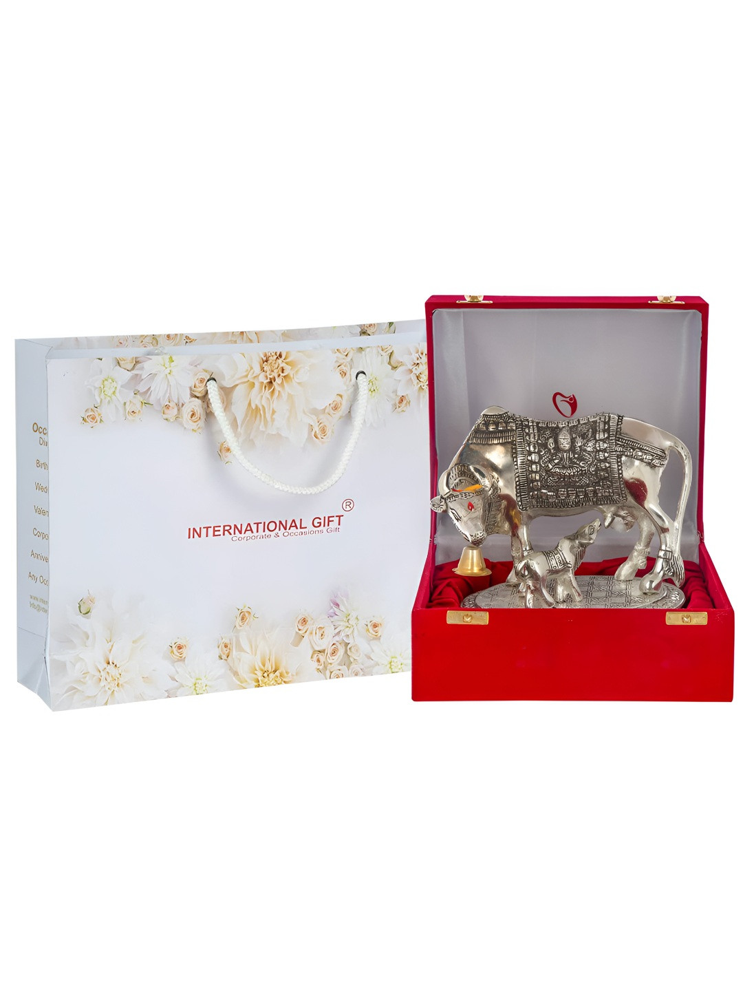 INTERNATIONAL GIFT Kamdhenu Cow with Calf Silver Metal Metallic Living Room Small Showpiece - 2.6 Inches