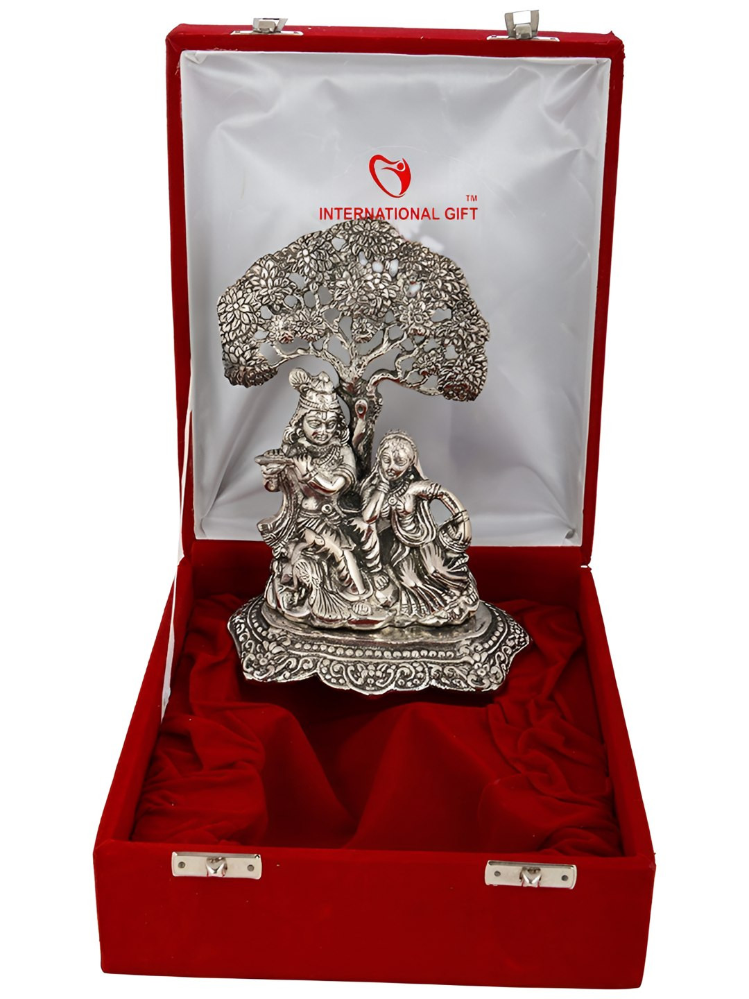 INTERNATIONAL GIFT Radha Krishna Silver Brass Metallic Prayer Room Medium Showpiece - 5.9 Inches