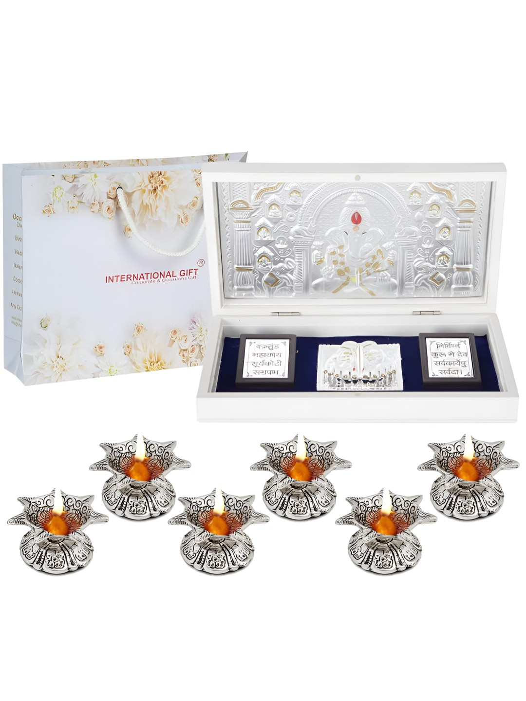 INTERNATIONAL GIFT Silver Coated Ganesh God Idol & 6 Pieces Diyas Home Gift Set