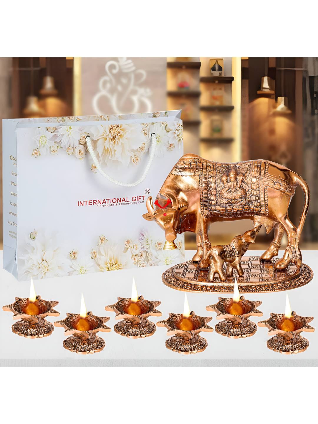 INTERNATIONAL GIFT Brown Cow & Calf Statue With Diya Gift Set