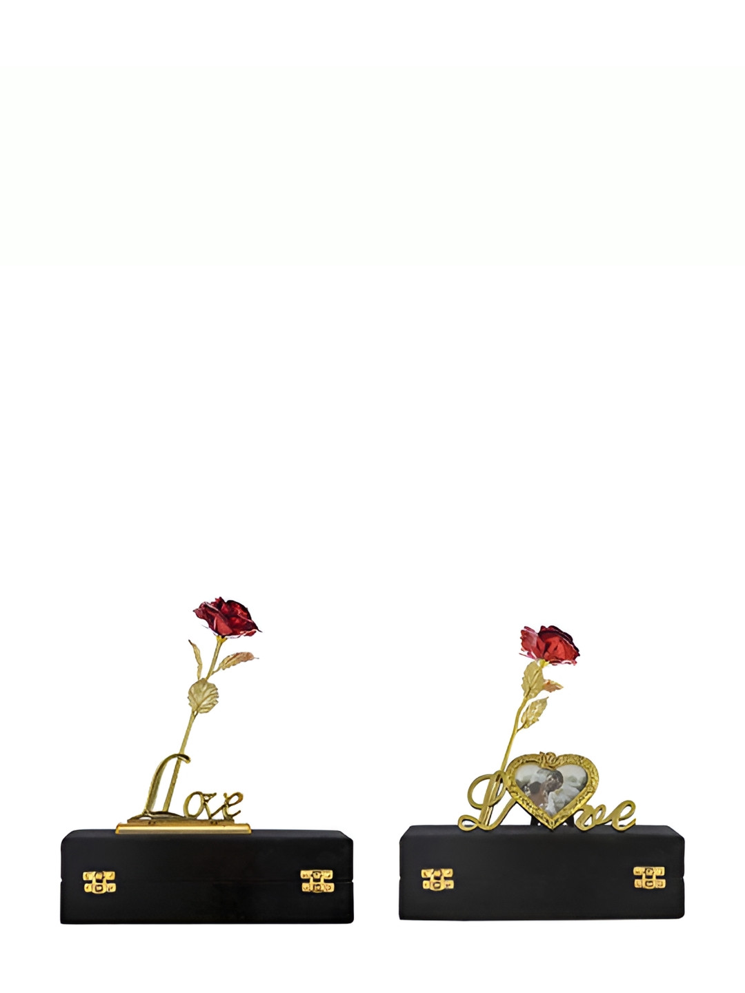 INTERNATIONAL GIFT Gold Toned 2 Pieces Red Rose Flower with Love Stand Home Gift Sets