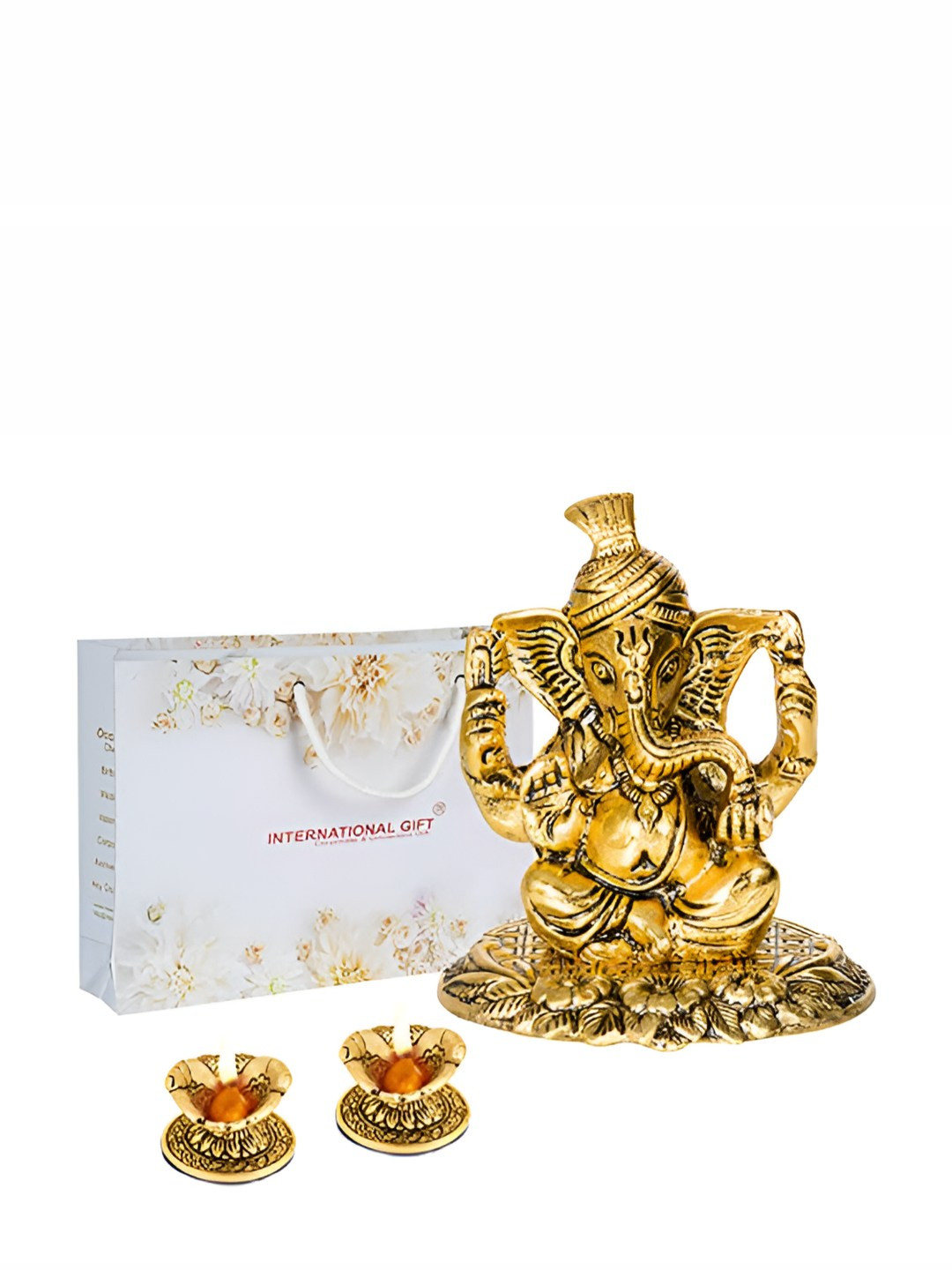 INTERNATIONAL GIFT Golden Pagdi Ganesh God Idol Statue With Hand Diya Home Gift Set