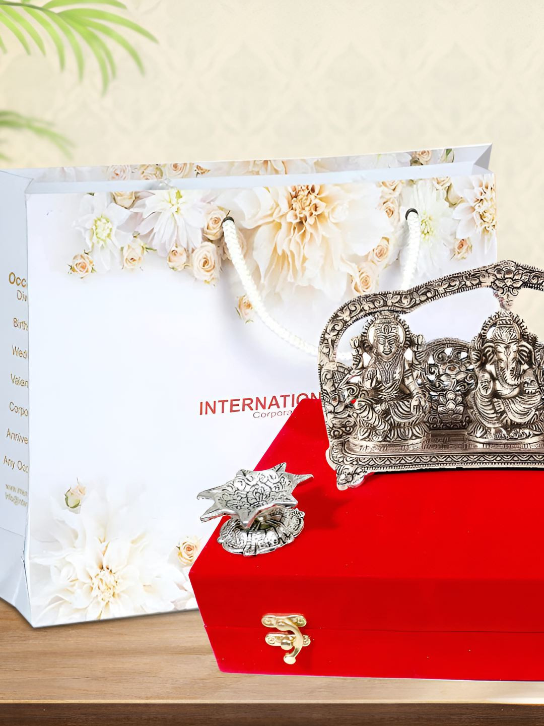 INTERNATIONAL GIFT Silver Toned Textured Laxmi Ganesh Saraswati God Idol Statue