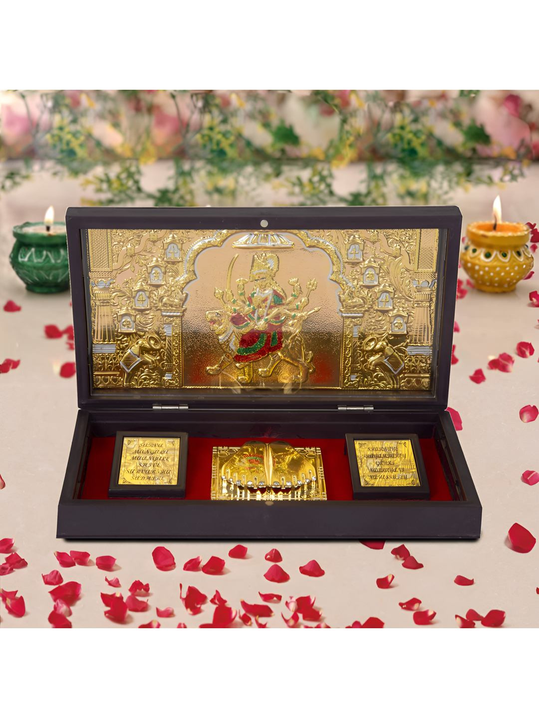 INTERNATIONAL GIFT Gold Toned Durga Maa Idol With Charan Paduka Gift Set