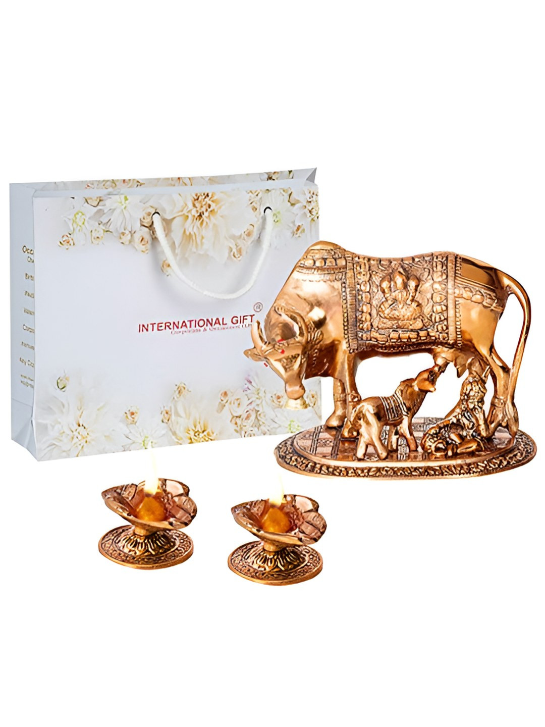 INTERNATIONAL GIFT Brown Kamdhenu Cow & Calf Idol With Diya Gift Set