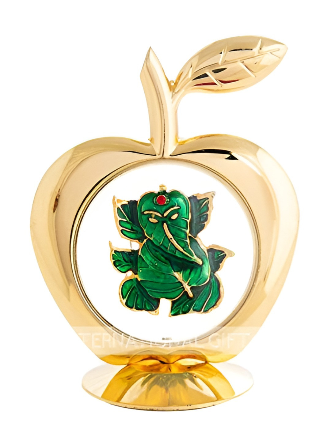 INTERNATIONAL GIFT Apple Shape Leaf Ganesha Gold Metal Metallic Prayer Room Small Showpiece - 4.7 Inches