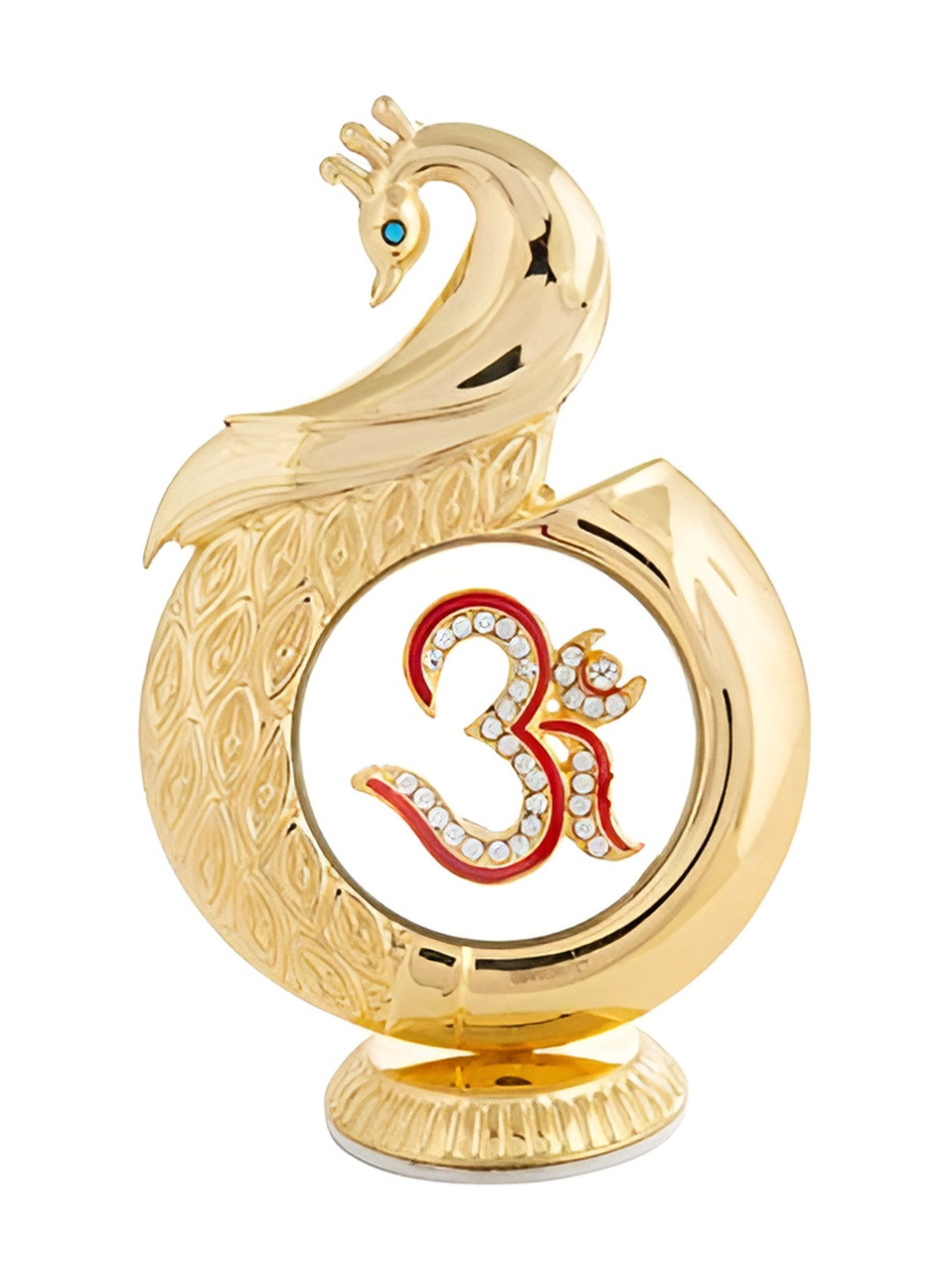 INTERNATIONAL GIFT Peacock Shape Diamond Om Gold Metal Metallic Prayer Room Small Showpiece - 4.7 Inches