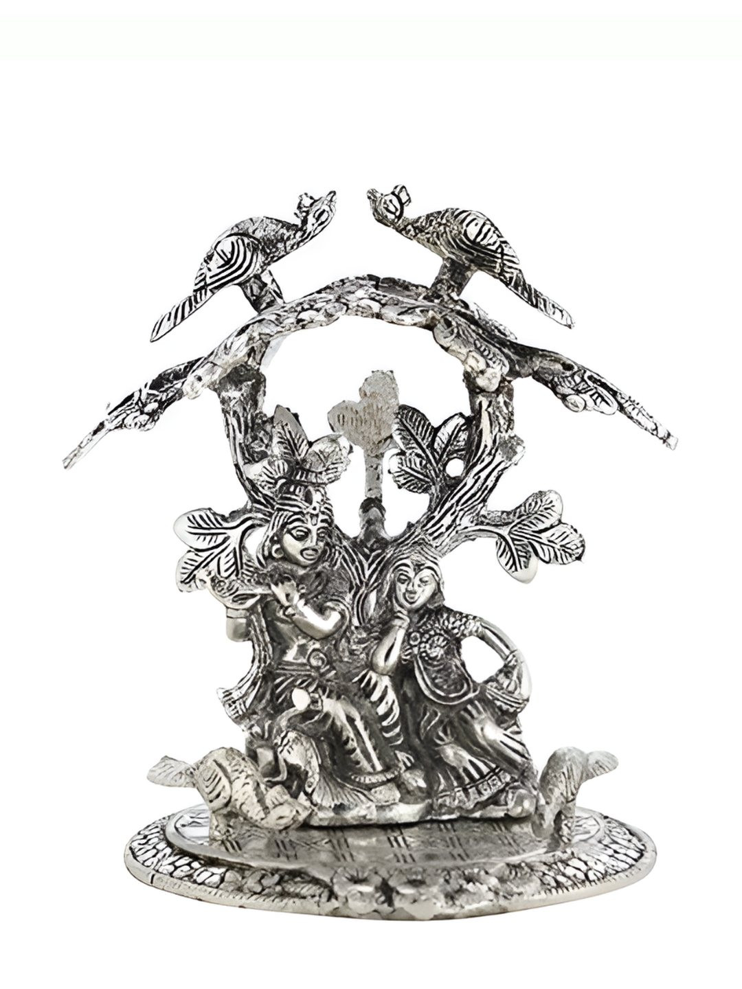 INTERNATIONAL GIFT Silver Plated Radha Krishna Tree Idol With Luxury Velvet Box Gift Set