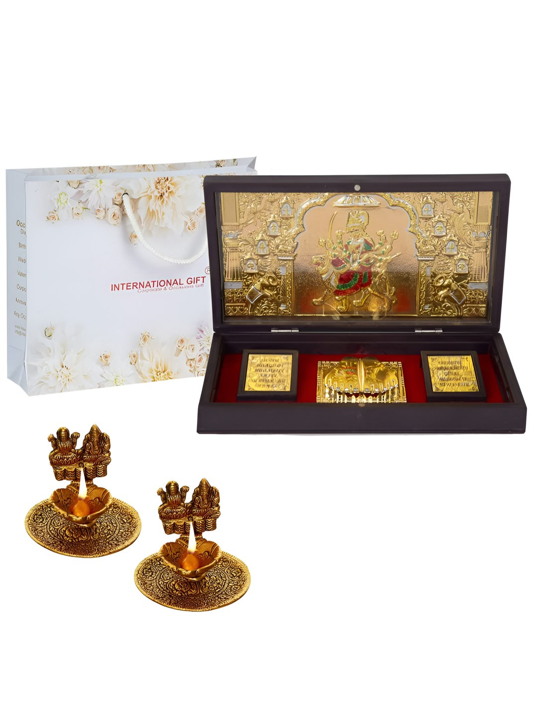 INTERNATIONAL GIFT 2 Pcs Golden Durga Maa Idol With Charan Paduka Gift Set