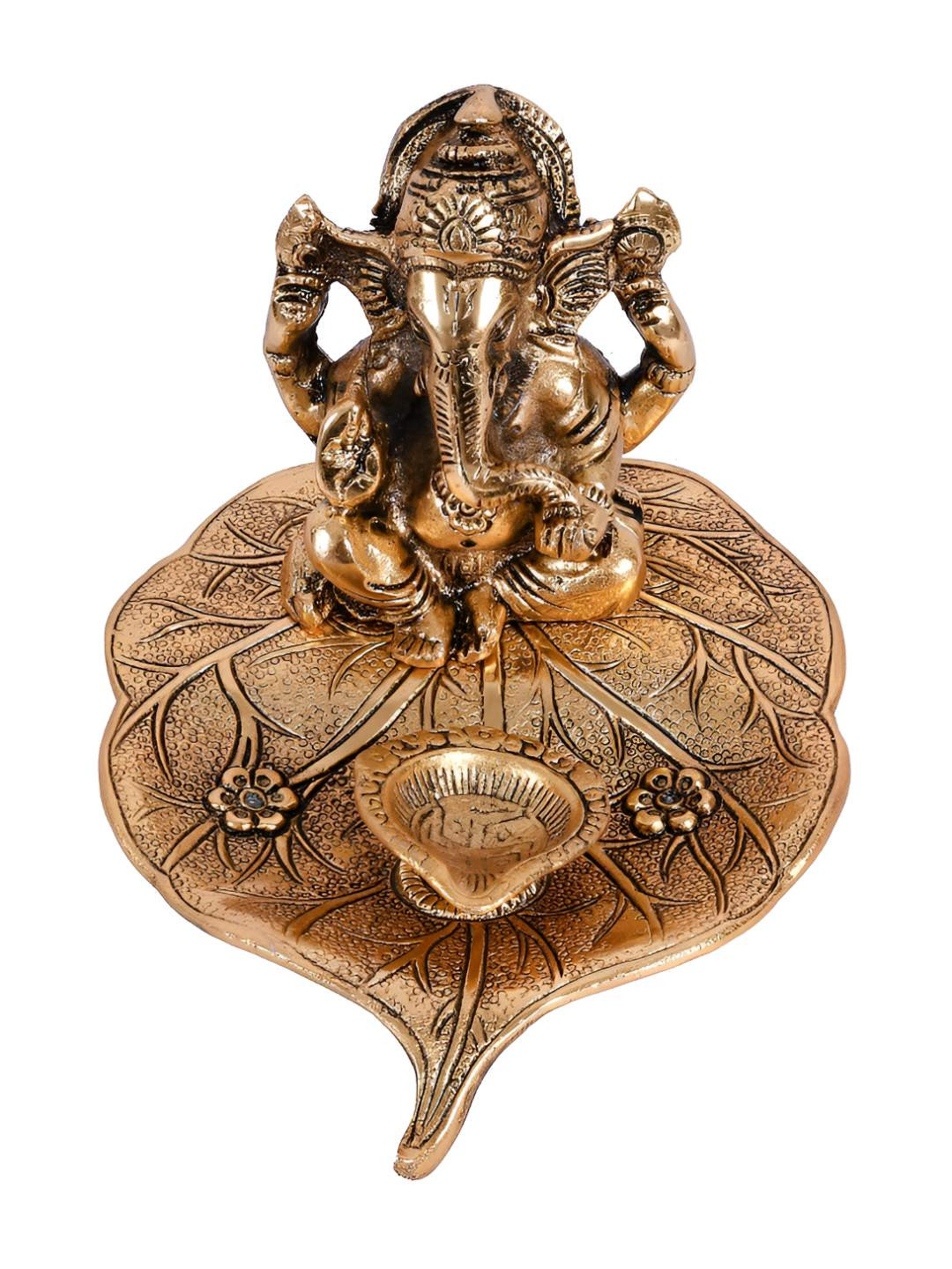 INTERNATIONAL GIFT Golden Leaf Ganesha Idol With Velvet Box Gift Set