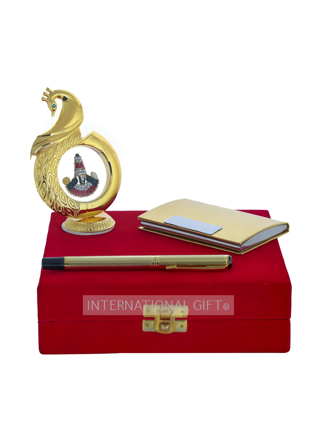 INTERNATIONAL GIFT 3 Pcs Golden & Red Tirupati Pen & Visiting Card Holder Gift Set